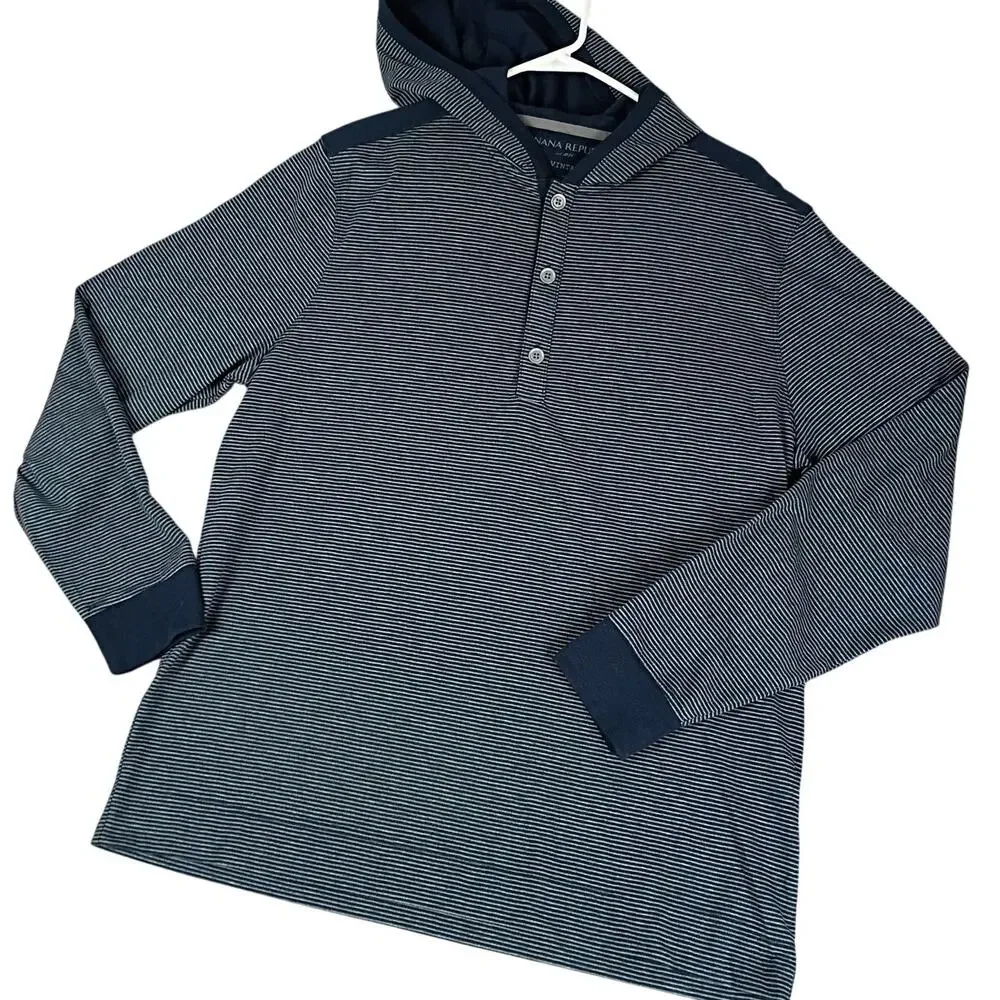 Banana Republic The Vintage 'T' Hooded Mens XL Blue Striped Casual Henley Preppy